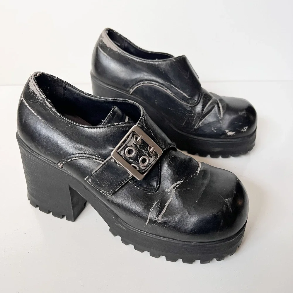 Vintage 90s Y2K Chunky Platform Square Toe Mary Jane Boots Shoes Grommets Size 9
